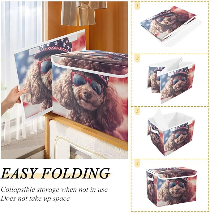 Storage Cube with Lid American Dog Print 16.5×12.6×11.8 IN Collapsible Large Capacity Foldable Storage Basket Bin Organizer
