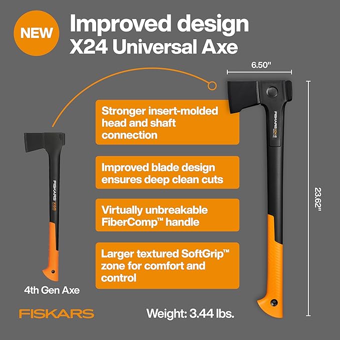 Fiskars X24 Universal Axe 24 Forged Steel Blade for Felling Trees &amp All-Purpose Chopping Shock-Absorbing FiberComp Handle &amp Low-Friction Coating for Clean Cuts in Fresh Resinous Wood