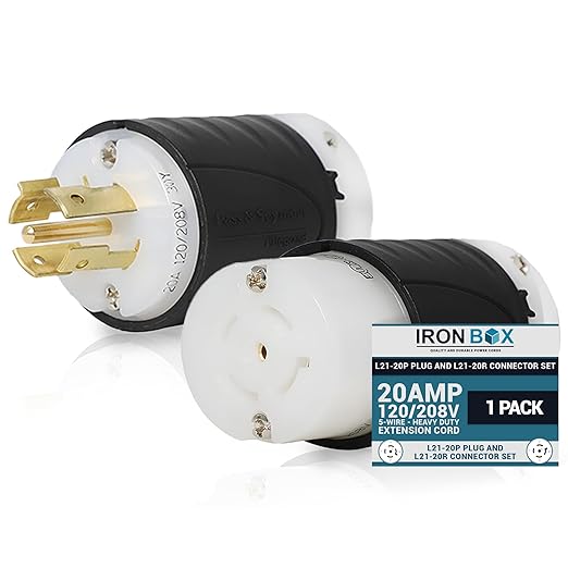 IronBox Electric L21-20P Plug and L21-20R Connector Set - 20A 120/208V 5-Wire - Heavy Duty Extension Cord End Replacement - UL Listed Plug and Connector for 4160W Generators and More (Pack of 1)