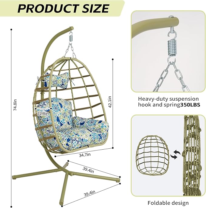 Hanging Egg Chair with Stand Outdoor Indoor Patio Rattan Swing Hammock Chairs with Washable Cushion 350lbs Capacity PE Wicker Swing Chair for Backyard Bedroom Garden (Cyan + Floral Cushion)