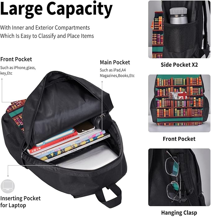 3pcs Backpack Sets Library Bookshelf Printed Backpacks Set With Lunch Bag Pencil Pouch