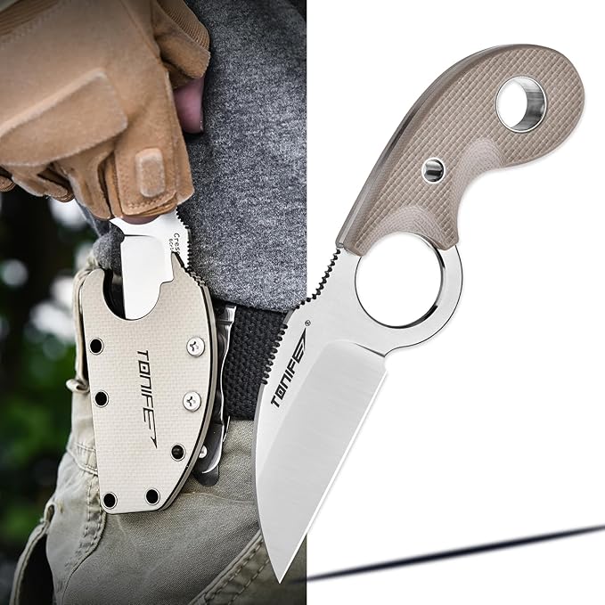 TONIFE Small Fixed Blade Knife Full Tang EDC Camping with Sheath Lanyard and Clip Blade Length 2.172.5 oz.with Sheath (Warm Sand - Satin)
