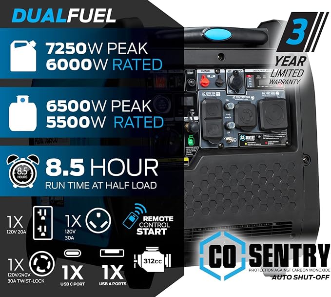 Pulsar 7250-Watt Super Quiet Dual Fuel Inverter Generator with Remote Start