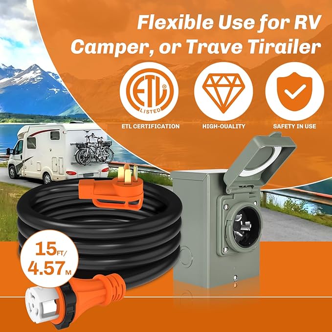 WELLUCK 50 Amp Emergency Power Combo Kit with SS2-50 Inlet Box and 15 FT Cord NEMA 14-50P to SS2-50R RV Power Extension with Grip Handle ETL Listed