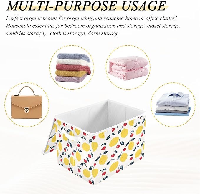 MNSRUU Containers Baskets with Lids Lemon Cherry Fabric Foldable Storage Bins Organizer with Lid Collapsible Storage Boxes for Home Bedroom Closet Office