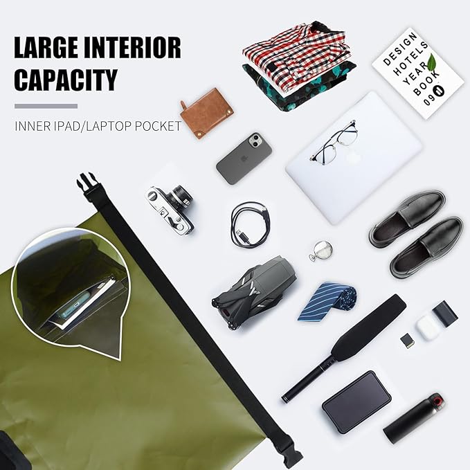 Waterproof Dry Bag Backpack IPX6 Roll-Top Closure Bag Boating &amp Kayak Accessories - Essentials for Camping Swimming Beach Fishing Rafting Travel Green