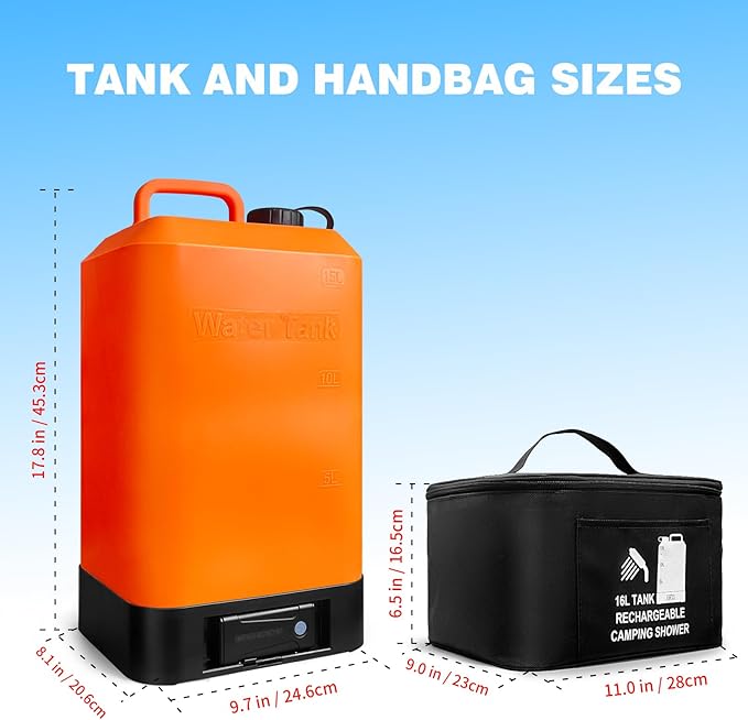 B. TAWD 4.5 Gallon Silicone Water Tank Portable Camping Shower USB Battery Charging Solar Heating with Shower Head Electric Portable Outdoor Shower Built-in Thermometer Beach Camping Hiking