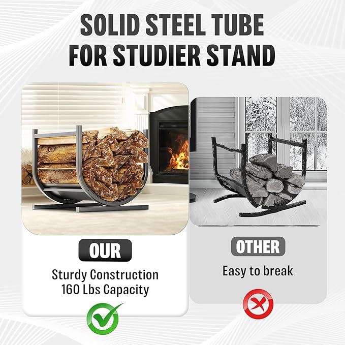 Idzo 17in Decorative Heavy Duty Firewood Storage Log Rack Decorative Heavy Duty Wood Holder Indoor Outdoor Black