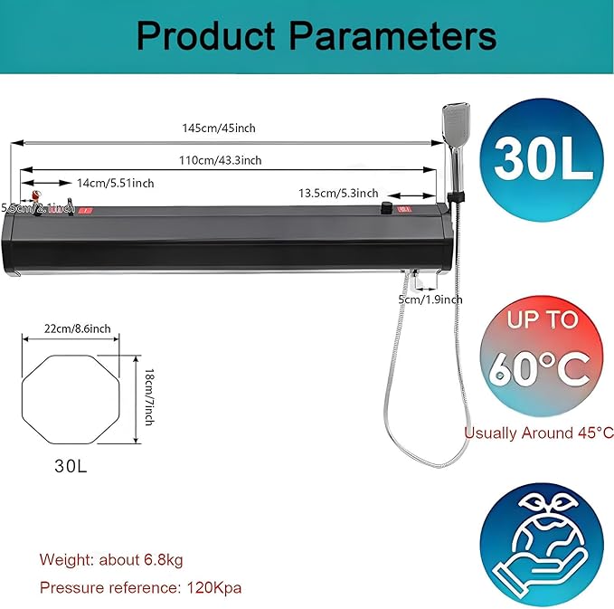 Pressurized Portable Shower Tank for Camping - 18L Solar Heated Water Reservoir with Spray Hose for Outdoor Shower Car Wash &amp Hiking-30L