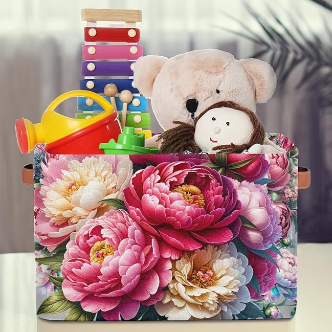 Pardick Basket Storage Bins Pink Flower Floral Rectangle Cube Basket Box Kids Girls Boys Toys Organizer Beaket Decor Foldable with Handle for Living Room Bedroom Closet Nursery Office Shelf Gifts