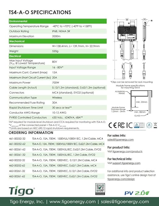TS4-A-O Module Add-On Rapid Shutdown Optimization 1500V UL/1000TUV 1.2M Cable MC4 Genuine Connectors Part No. 461-00252-32