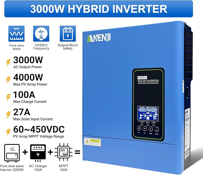 3000W Hybrid Inverter 24Vdc to 110Vac Solar Inverter Charger Built-in 80A MPPT Controller Pure Sine Wave PV Power Converter Supports Battery-Less or AGM Lithium Battery