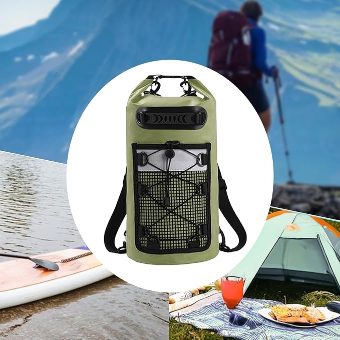 Dry Bag Backpack Mesh Pocket Reflective Warning Strip Green Accessory for Hiking Boating Swimming Men/Women Beach 20 L