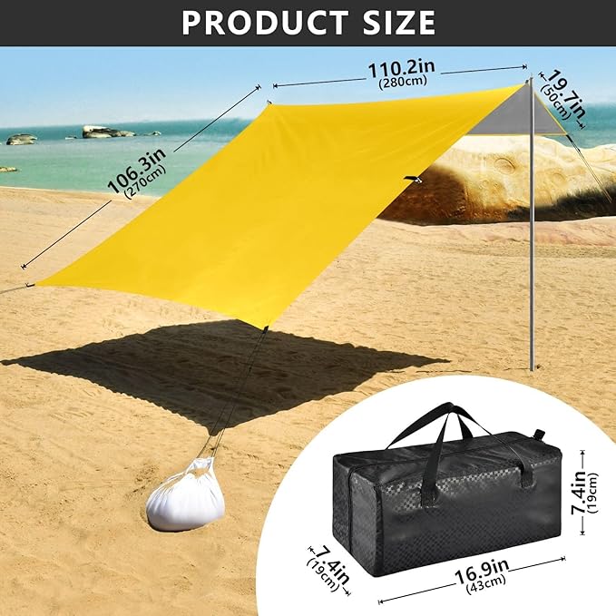 Gold Solid Color Pure Plain Foldable Beach Tent UPF50+ Easy Setup Large Sun Shelter with Sand Shovel Sandbags for Family Trips Picnics &amp Camping