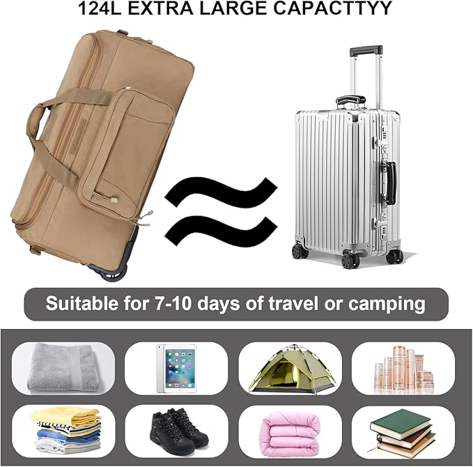 Military Wheeled Deployment Bag Large Tactical Heavy Duty Duffel Bag for Camping Hiking (Tan)