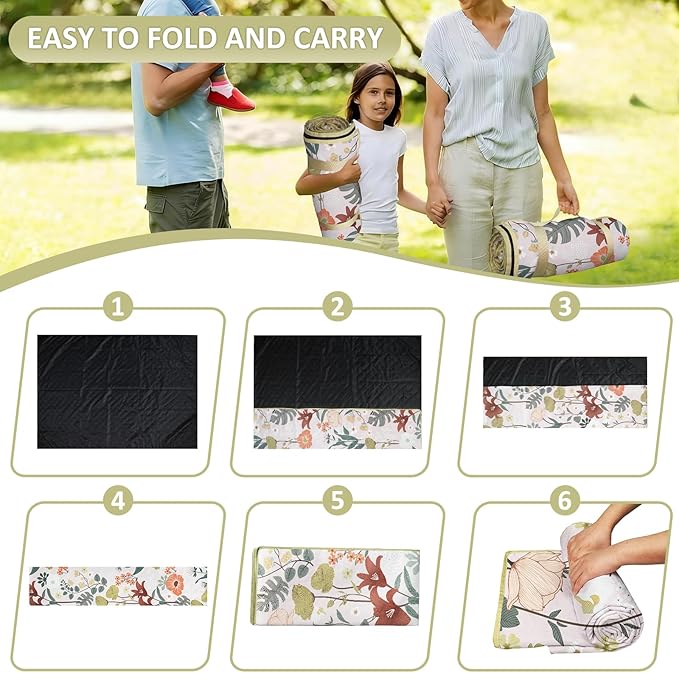 Floral Picnic Blankets Waterproof Foldable 60″X80″ Packable Picnic Mat Flowers Outdoor Blanket for Grass Large Beach Blanket Sandproof Picnic Accessories for Camping Music Festival Park Lawn Travel