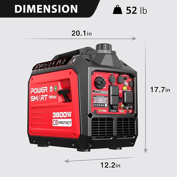 PowerSmart 3800 Watt Dual Fuel Inverter Generator Quiet Portable Gas Propane Powered with CO Sensor and RV Ready Outlet 149cc 4-Stroke OHV Engine for Home Backup Camping and Tailgating