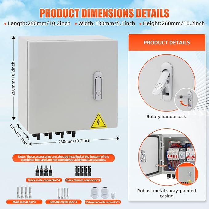 4 String Metal Solar Combiner Box IP65 Waterproof PV Combiner Box with 20A Rated Current Fuse 63A Air Circuit BreakerLightning Arrester for On/Off Grid Solar Panel System