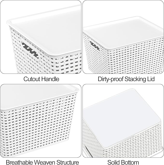 Teyyvn 6 Pack Large Plastic Storage Basket with Lid 20 Quart Lidded Storage Basket Bin for Closet Shelves White