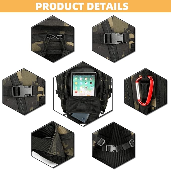 25L/45L Tactical Backpack Military Tactical Backpack Heavy Duty Molle Assault Pack for Work Gym Outdoors (2.0 45L-Black Camo Large)