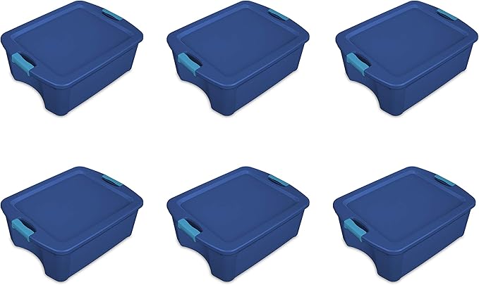 Sterilite 12 Gal Latch and Carry Stackable Storage Bin with Latching Lid Plastic Tote Container to Organize Closets Blue with Blue Lid 6-Pack