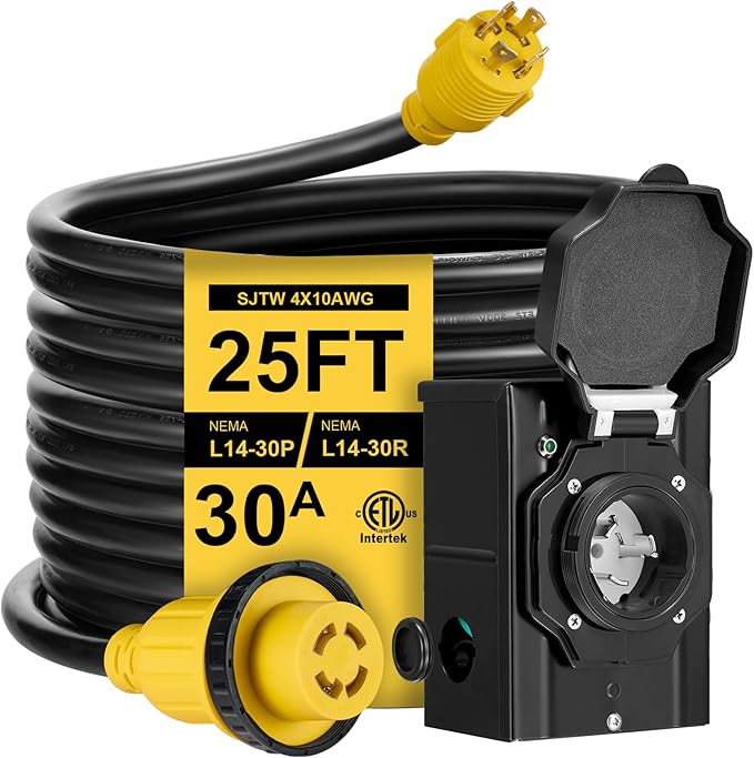 25FT 30 Amp Generator Cord with Pre-Drilled Power Inlet BoxHeavy Duty Generator Power Cord 4 Prong125/250VNEMAL14-30P/14-30RWaterproofETL ListedHome/RV Power Supply