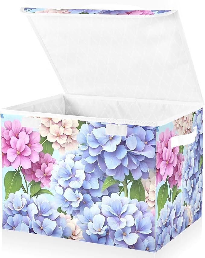 Storage Cube with Lid Florals Blue Print 16.5×12.6×11.8 IN Collapsible Large Capacity Foldable Storage Basket Bin Organizer