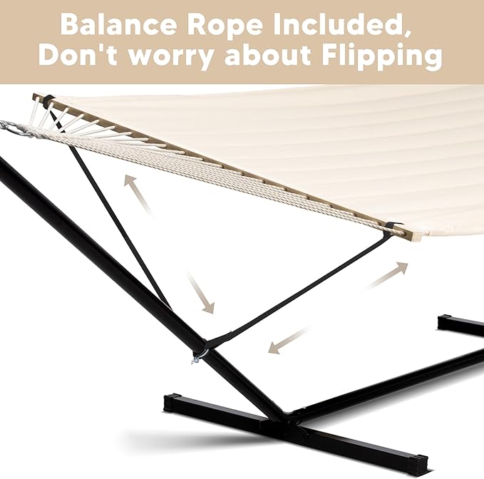 SUNCREAT Hammocks Extra Large Double Hammock with 12 ft Stand 475lbs Capacity Outdoor Portable Hammock with Hardwood Spreader Bar Extra Large Pillow Beige