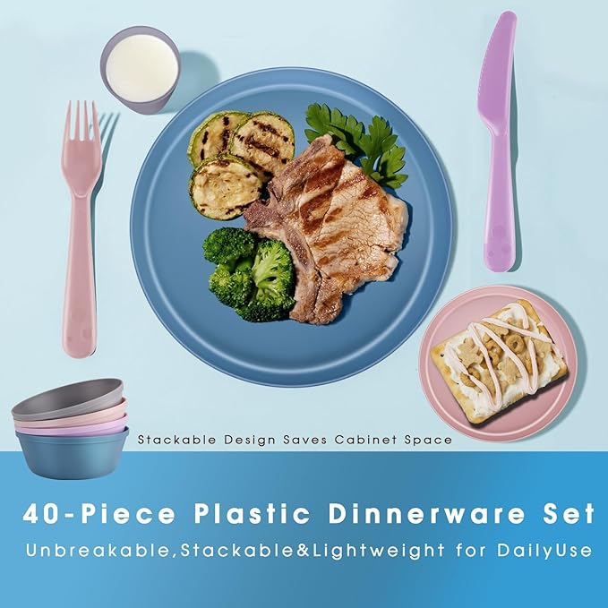40 Piece Plastic Dinnerware Set for 8 with Cutlery Unbreakable Plates and Bowls Set Dishwasher &amp Microwave Safe Reusable Dish Set for Camping RV Outdoor Kitchen Apartment DiningPastel Multic
