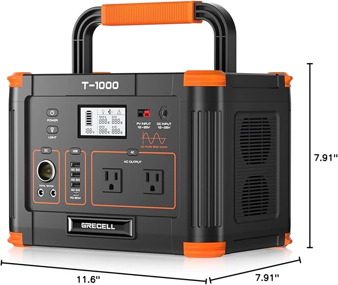 GRECELL 999Wh Solar Generator 1000W Portable Power Station with 60W USB-C PD Output 110V Pure Sine Wave AC Outlet Backup Lithium Battery for Outdoors Camping Travel Hunting Home (Peak 2000W)
