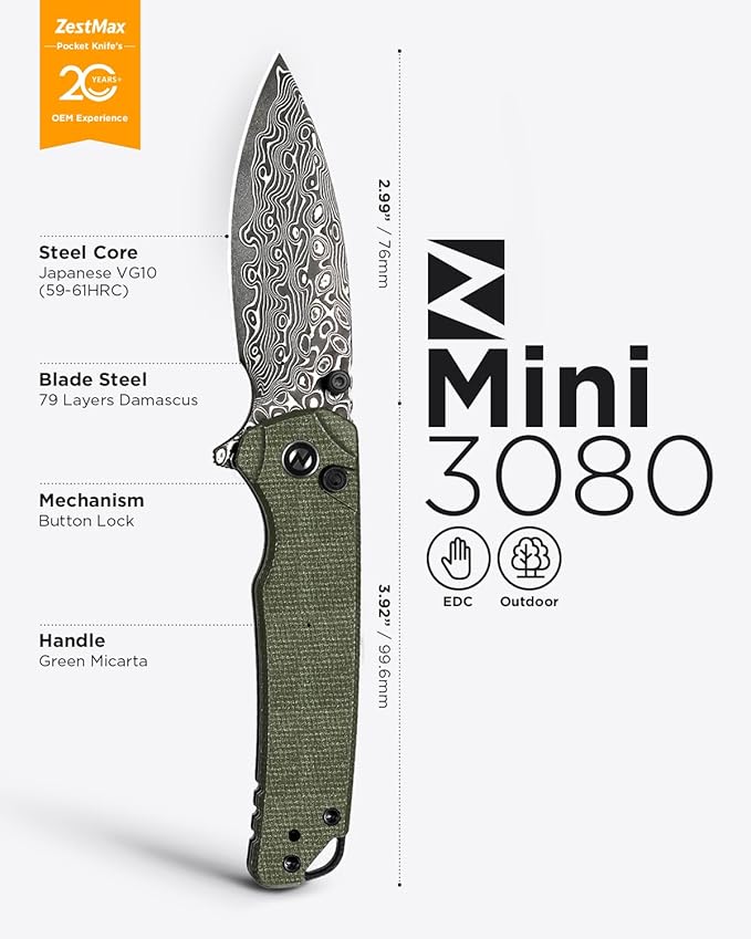 Folding Pocket Knife 2.99 Damascus Blade Micarta Handle Sharp Cool Small EDC Pocket Knives with Clip for Men Women Camping Hiking Survival Outdoor Mini 3080MG (Green)