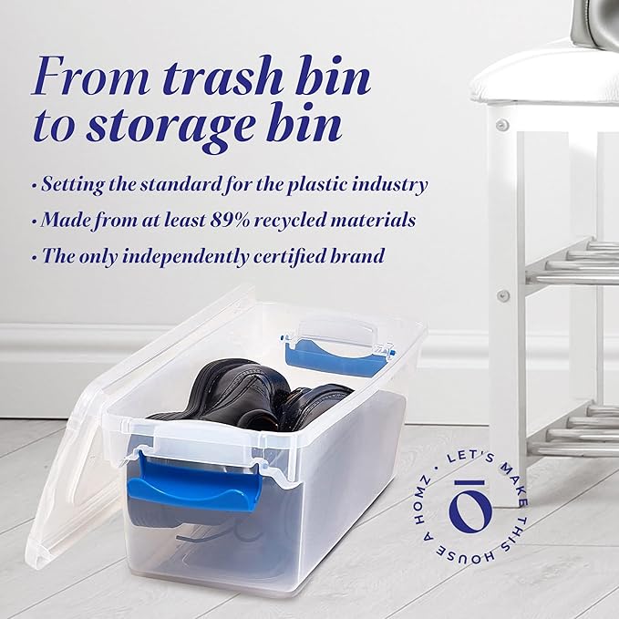 HOMZ 5-Pack Latching Lid Clear Plastic Storage Organizer Bins 7.5 Quart Blue Latch - Stackable Organizing Containers for Home Garage and Office