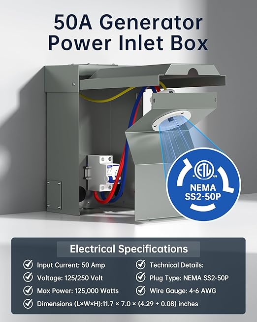 50A Generator Inlet Box &amp Plug with Circuit Breaker Combo - VHBW 50 Amp Power Inlet Box Set 125/250V 12500W Weatherproof/Rainproof ETL Listed