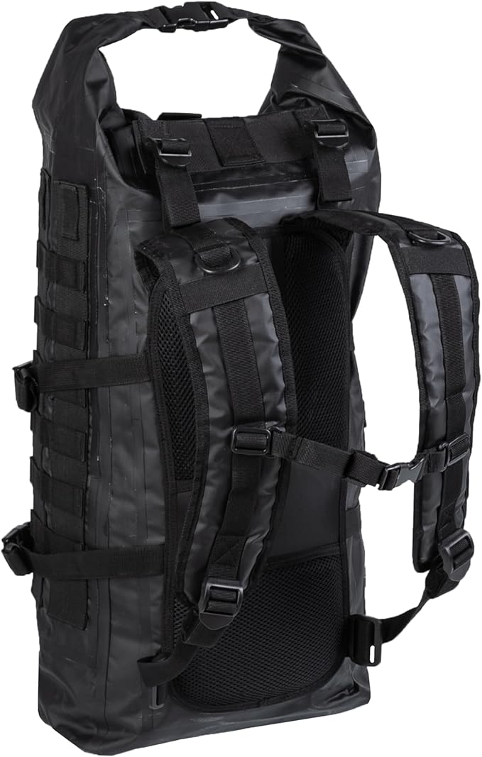 Mil-Tec Unisex 30L Tactical Seals Dry Bag - Secure Rugged Durable Waterproof Outdoor Kayaking Boating Camping Hiking MOLLE Backpack with Adjustable Wide Shoulder Straps &amp Padded Back Black