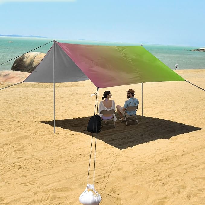 Red Green Gradient Beach Tent UPF50+ Protection Waterproof Sun Shelter with Sand Shovel Sandbags for Camping Trips Fishing Backyard Fun or Picnics