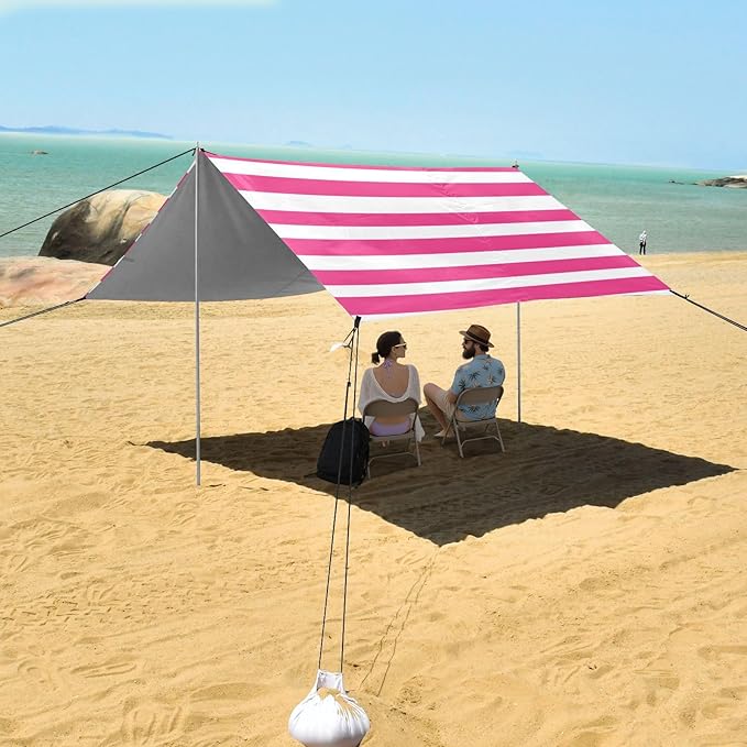 ALAZA Pink White Striped Beach Tent Sun Shelter Portable Canopy Sunshade for Outdoor Camping Picnics Backyard Fun 10x9 ft