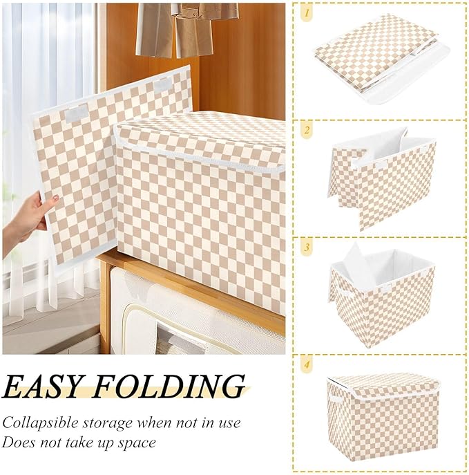 Brown Checkerboard Storage Baskets Lidded Bin Foldable Storage Boxes Cubes Lids with 2 Handles for Organizing Closet Home Office