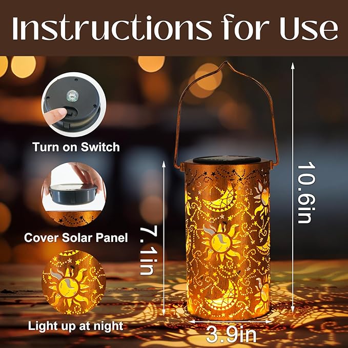 DIBIEECN Mothers Day Gifts for Mom Birthday Gifts Grandma Ladies Solar Lanterns Outdoor Hanging Hollowed-Out Metal Waterproof LED Garden Decor Outside for Patio Yard Porch Sun and Moon 1 Pack