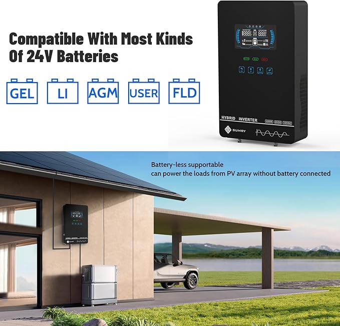 SUMRY Hybrid Solar Inverter 4000W DC 24V to AC 120V Pure Sine Wave Power Converter Glass Top Cover with LCD Display 140A MPPT Charge Controller Supports Battery-Less or AGM Lithium Battery
