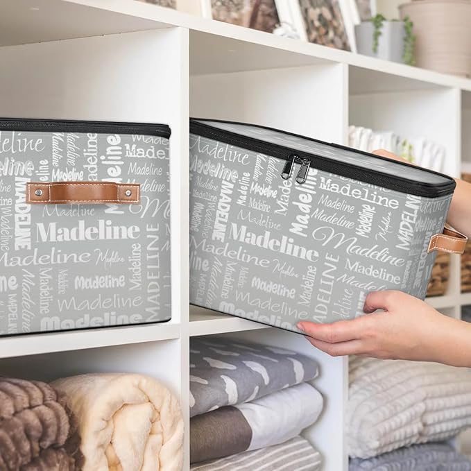 Custom Storage Basket with Name Personalized Keepsake Box with Zipper Lid Foldable Fabric Memory Bin Large capacity with Handle Grey