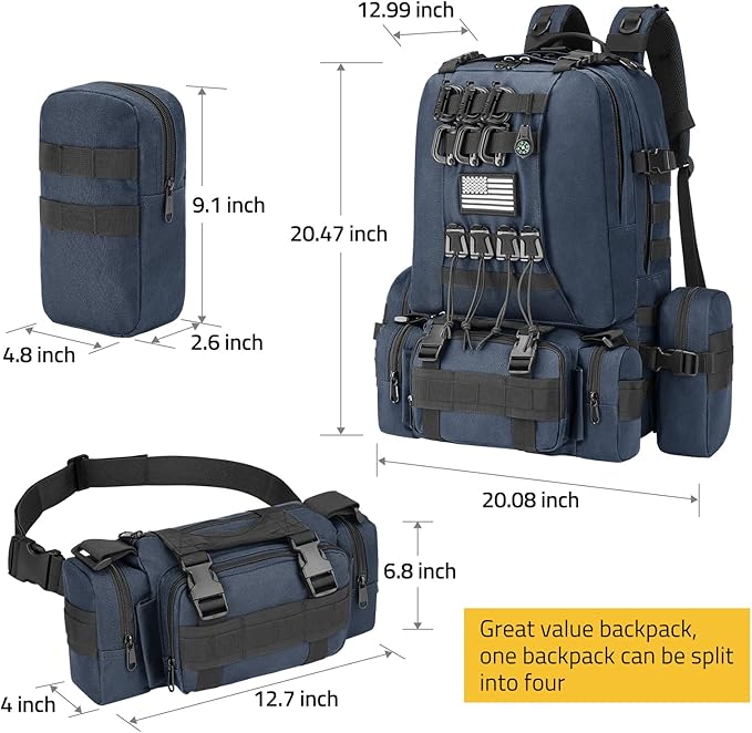 CVLIFE 60L Tactical Backpack for Men Women Military Large Army Rucksack With D-Ring Molle Clips Compass Accessories 3 Day Bug Out Survival Molle Bag Hiking Camping Gym Daypack Backpack Blue