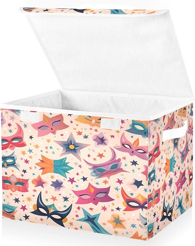 Storage Baskets with Lids Colorful Mask Mardi Gras Collapsible Bins Stackable Fabric Linen Baskets Closet Organizer Container 16.5x12.6x11.8