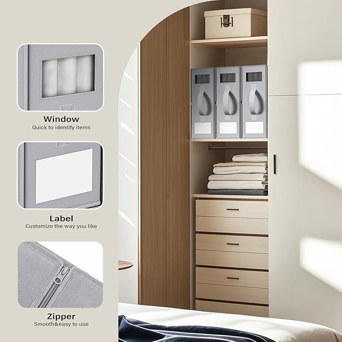 Foldable Bedding Organizer Fabric Storage Bins for Bed Sheets Duvet Covers and Pillowcases Closet Organizer Storage Container Boxes for Blankets Clothes (6 pack(Queen or King) Grey)