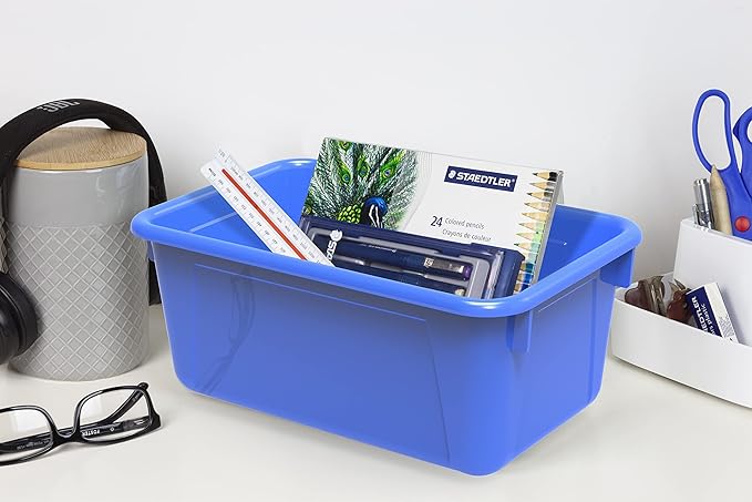 Storex Small Cubby Bins – Plastic Storage Containers for Classroom with Non-Snap Lid 12.2 x 7.8 x 5.1 inches Blue 5-Pack (62408A05C)