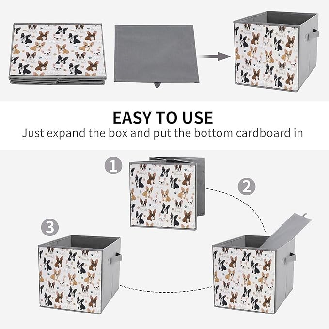 Collapsible Cube Storage Organizer with Handles Cute French Bulldog Foldable Fabric Bin for Shelves Perfect for Closet Bathroom Kids' Room &amp Nursery
