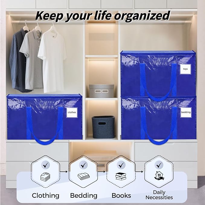 8 Pack Extra Large Heavy Duty Moving Bags Blue Storage Bins with Lids Reinforced Handles &amp Heavy-Duty Zippers Moving Boxes Storage Bags Totes for Clothes Packing Dorms College Supplies Blue