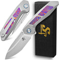 Sitivien ST996 Folding Knife Handmade M390 Pearlescent Polishing BladeTitanium &amp Timascus Handle for Outdoor Camping Hiking Working (Timascus)