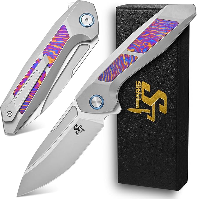 Sitivien ST996 Folding Knife Handmade M390 Pearlescent Polishing BladeTitanium &amp Timascus Handle for Outdoor Camping Hiking Working (Timascus)