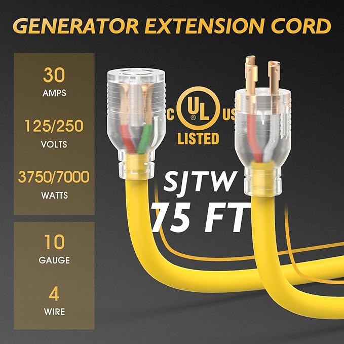 TOOLIOM 30 Amp Generator Cord L14-30P/L14-30R Generator Extension Cord UL Listed Heavy Duty Generator Power Cord 125/250V 7500W 10 AWG SJTW RV Extension Cord with Lighted Power Indicator (75FT)
