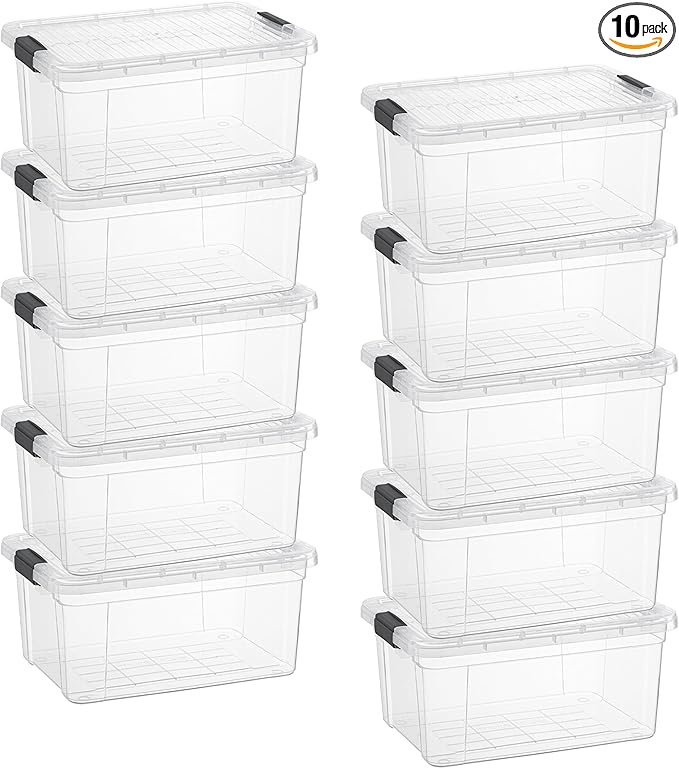 Superio Small Clear Storage Box with Lid 6.6 Quart Plastic Container Bins for Organizing Stackable Crates BPA Free Non Toxic Odor Free Organizers for Home Office School and Dorm 10 Pack